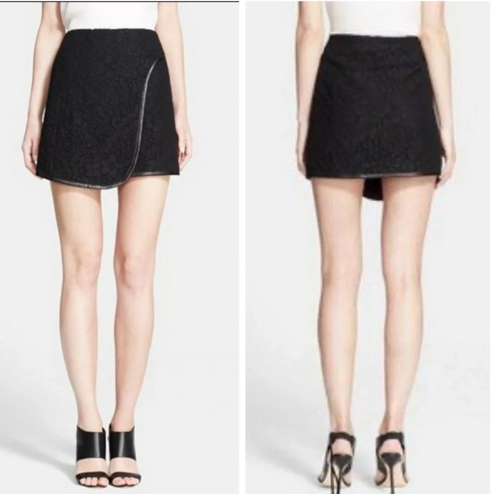 Rebecca Taylor black Lace faux Wrap mini Skirt with leather trim‎